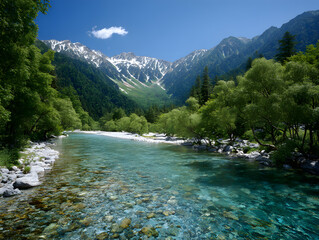 夏の上高地梓川清流と残雪の穂高連峰新緑が美しい絶景の山岳リゾート