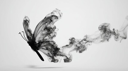 a butterfly comprised entirely of black smoke on a white background. The smoke is flowing up and morphing into the butterfly. It is wispy smoke, similar in shape to cigarette smoke, but black
