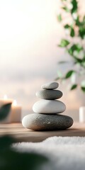 Balanced zen stones pyramid with burning candles and green leaves on wooden surface against soft pink background creates peaceful spa atmosphere.