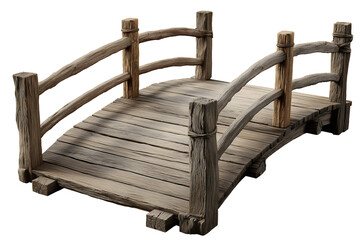 Rustic weathered wooden garden bridge isolated on transparent background.