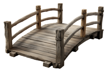 Rustic weathered wooden garden bridge isolated on transparent background.