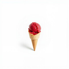 Red fruit sorbet scoop in a waffle cone on white background  