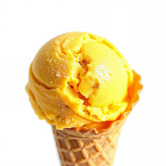 Yellow ice cream scoop in waffle cone on white background  
