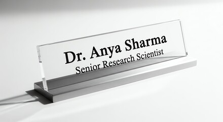 Clear Acrylic Nameplate Displaying Dr Anya Sharma Senior Research Scientist on White Background