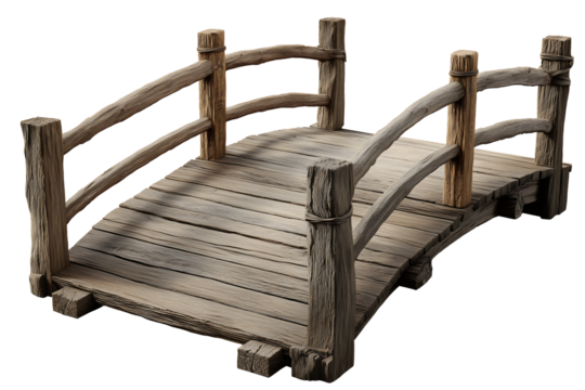 Rustic weathered wooden garden bridge isolated on transparent background.