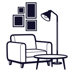 Fototapeta premium Simple black and white illustration of a cozy living room interior with furniture elements