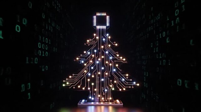 Glowing digital Christmas tree with circuit board design against dark background with binary code