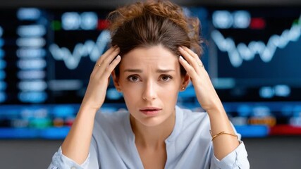 Financial Distress: A woman experiencing stress while facing the backdrop of market data, her expression reflecting the pressure of financial concerns. - Powered by Adobe