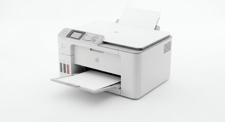 White Office Printer Printing Document on White Background