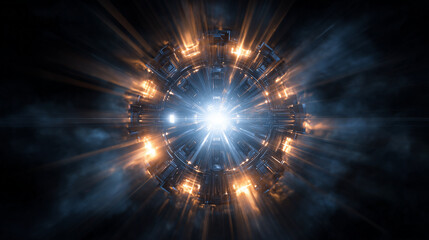黒い背景の中心で青白い光とオレンジ色の輝きを放つ未来的な構造物のエネルギーコアのイメージ