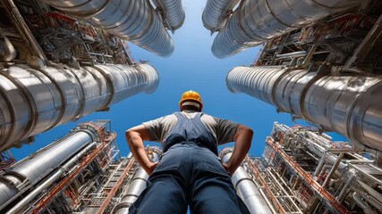 Guardian of Industry: A determined engineer stands as a symbol of expertise and resilience amidst the imposing structures of a large-scale industrial facility. This is a testament to the dedication.