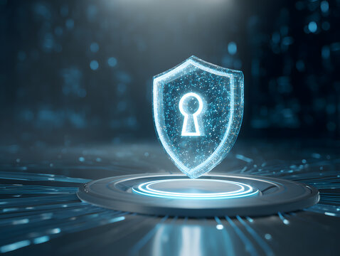 デジタル空間に浮かぶ鍵穴付きシールド型セキュリティアイコンのイメージサイバーセキュリティ