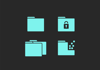 Digital folder glyph icon collection in cyan neon color include with single folder, folder group, locked and corrupted folder icon