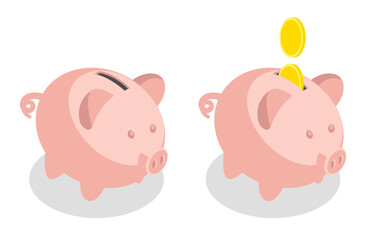 Isometric ceramic piggy bank for saving pocket money for an important purchase. Isolated cartoon vector on white background top view