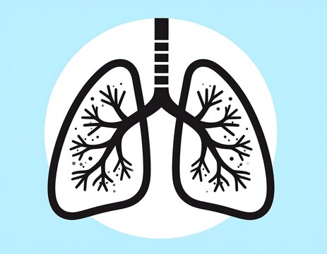 A minimalist black-and-white illustration of lungs with bronchial tree, centered on a round white background