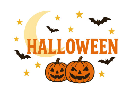 Halloween pumpkins text with crescent moon and bats