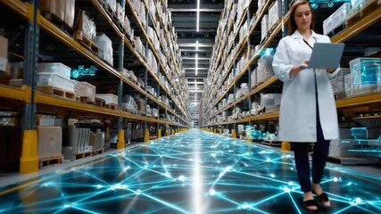 Warehouse Innovation: A female professional confidently navigates a high-tech warehouse, surrounded by a vast network of inventory, she meticulously analyzes data on a tablet.  - Powered by Adobe