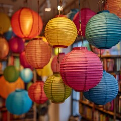 Fototapeta premium Colorful lanterns hang from the ceiling, creating a festive atmosphere in a cozy space filled with books