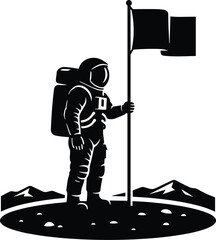astronaut standing on moon surface holding a flag silhouette