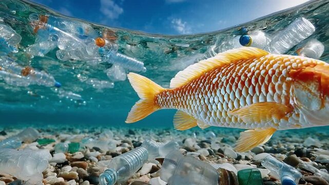 Oceanic Dissonance: A golden fish navigates a polluted underwater world, plastic bottles swirling around. Reflecting the consequences of pollution and its impact on marine life.
