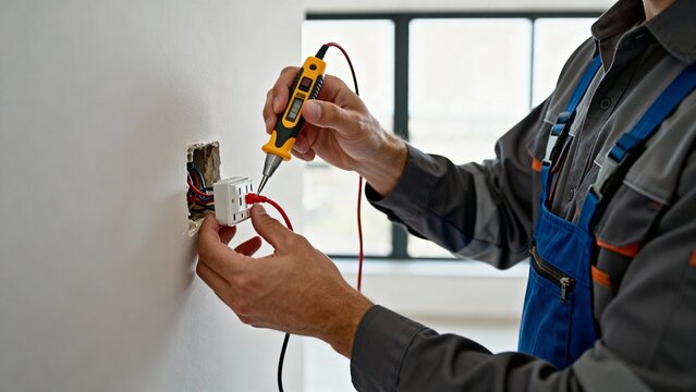 Man fixing outlet and testing voltage with multimeter indoors