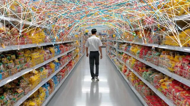 Navigating the Digital Grocery Aisle: A solitary individual wanders through a supermarket, overlaid with a network of digital connections, hinting at the intersection of online and in-store shopping.