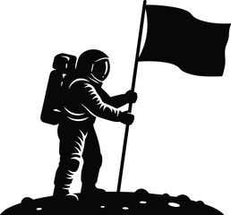 astronaut standing on moon surface holding a flag silhouette