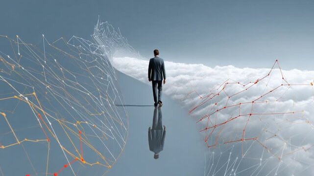 Bridging the Digital Divide: A lone figure traverses a conceptual landscape, navigating the chasm between data streams and a brighter future. Capturing the essence of progress, exploration.