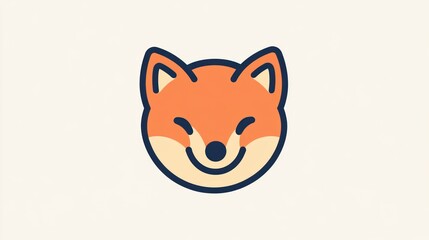 Orange cartoon fox head smiles in center on light background. For web, print