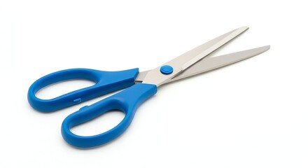 Blue and White Scissors with Plastic Handles on White Background