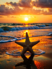 Fototapeta na wymiar A vibrant starfish stands on wet sand, reflecting the stunning golden sunset over the ocean. Perfect for tropical, vacation, and serene beach themes.