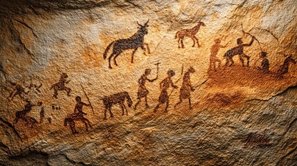 Ancient Cave Art Depicting Early Human Life and Animal Hunting Scenes
