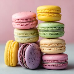 Colorful macarons stacked on a light background for a sweet dessert display at a bakery