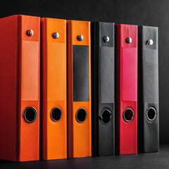 Colorful binders arranged on a black surface create a vibrant office display with various textures and colors