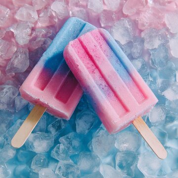 Colorful frozen treats resting on ice, perfect for a hot summer day enjoyment