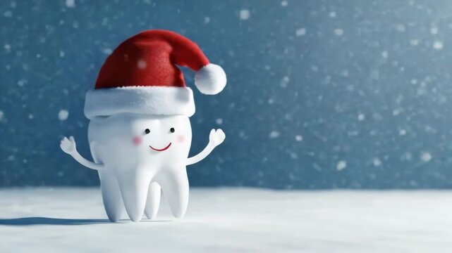 Tooth with Santa hat in snowfall, winter holiday dental health concept
