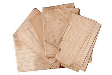 Old Paper Sheets Overlaping. Aged Lined Paper Sheets and Vintage Texture. Aged Folded Documents and Notebook Pages Pile Isolated on White Background, Top View