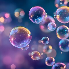 Colorful bubbles float in a dreamy background filled with soft hues and sparkling lights