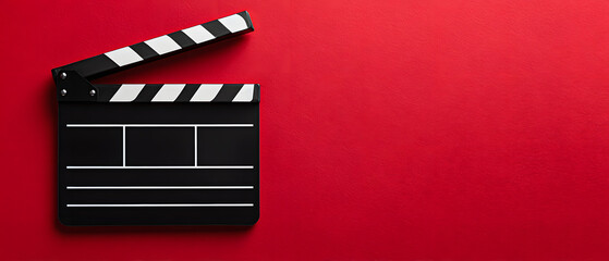 Open clapper board on red background with copy space for film production banner text.