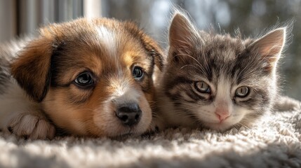 Obraz premium A baby puppy and a baby kitten lying side by side on a cozy indoor bed, both facing right, captured from above in a soft aerial top-down shot. Bright natural daylight filters through a window 
