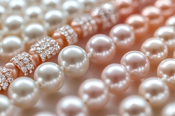 Elegant pearl necklaces with white and pink pearls featuring crystal-encrusted spacers in soft focus, showcasing luxury jewelry details and textures.