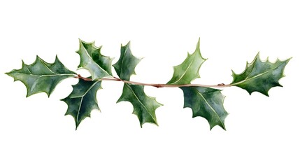 Fototapeta premium Watercolor holly branch with green spiky leaves on white background, botanical winter holiday element isolated for seasonal designs and decorations.