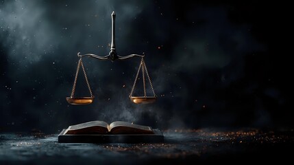 Scales of justice and open law book on dark background with dramatic lighting and smoke effects, symbolizing legal wisdom and judicial system.
