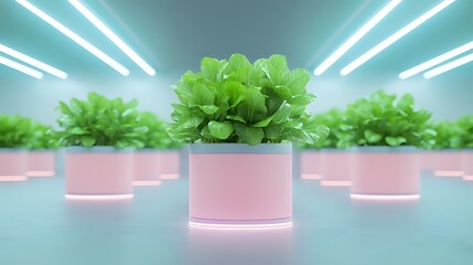 Fresh green plants in pink modern pots with neon lighting effect against turquoise background. Minimalist indoor garden concept with glowing elements and repetitive pattern.