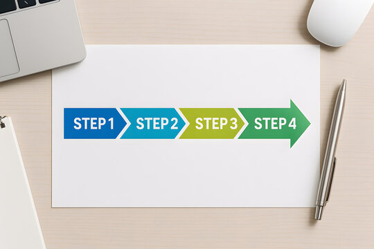 STEP1からSTEP4までの工程を説明する矢印4ステップのビジネスプロセス図書類と文房具の俯瞰画像