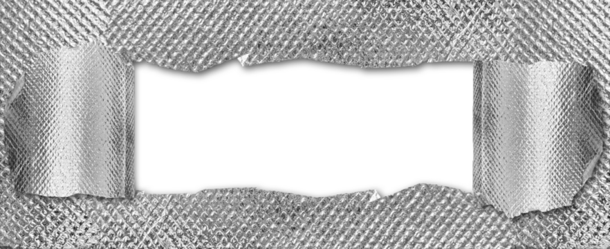 Torn metallic silver foil background and blank rectangular center space, resembling a ripped banner or textured foil and shadow with transparent background