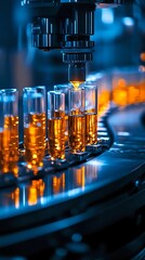 Laboratory test tubes with orange liquid being analyzed by automated equipment in modern research facility. Blue scientific background with selective focus.