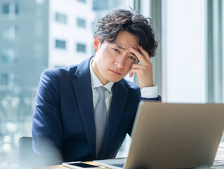 パソコン作業で頭を抱える若手ビジネスマンの悩み顔仕事のストレスや困難を抱える疲れた男性