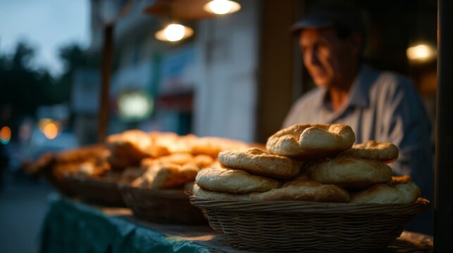 Warm, golden bread glows under streetlight enchantment, embodying nostalgia and artisan baking during the Harvest Moon Festival