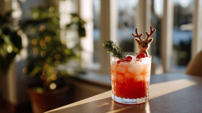 Festive reindeer drink, crimson elixir glistening in yuletide sunlight, celebrates Solstice cocktail magic, Nordic holiday cheer